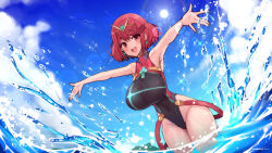 Rule 34 | 1girl, armpits, arms up, bare shoulders, blue sky, breasts, chest jewel, cloud, cowboy shot, day, dutch angle, earrings, highleg, highleg swimsuit, highres, jewelry, large breasts, matching hair/eyes, one-piece swimsuit, open mouth, partially submerged, pyra (pro swimmer) (xenoblade), pyra (xenoblade), red eyes, red hair, short hair, sky, smile, solo, splashing, standing, swimsuit, teeth, tiara, upper teeth only, virus-g, water, xenoblade chronicles (series), xenoblade chronicles 2