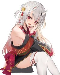 Rule 34 | 1girl, bare shoulders, bell, black sleeves, blush, breasts, commentary, double bun, fang, feet out of frame, gradient hair, grey hair, hair bell, hair between eyes, hair bun, hair ornament, hand on own knee, highres, hololive, horns, invisible chair, iruka3, japanese clothes, kimono, knees together feet apart, knees up, long hair, looking at viewer, multicolored hair, nakiri ayame, nakiri ayame (1st costume), off shoulder, oni, open mouth, red eyes, red hair, red kimono, sideboob, simple background, sitting, skin-covered horns, skin fang, smile, solo, streaked hair, tabi, thighhighs, thighs, two side up, virtual youtuber, white background, white horns, white thighhighs