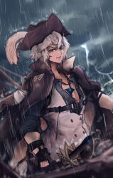 Rule 34 | 1boy, absurdres, arknights, bad id, bad pixiv id, black cape, black gloves, black headwear, cape, cloud, cloudy sky, gloves, grey eyes, hat, hat feather, highres, lightning, looking at viewer, male focus, official alternate costume, outdoors, pirate, rain, shirt, silver hair, silverash (arknights), silverash (seeker) (arknights), sky, storm, tricorne, upper body, vyragami, white shirt