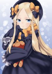 Rule 34 | 1girl, abigail williams (fate), absurdres, black bow, black dress, black hat, blonde hair, blue eyes, bow, bug, butterfly, closed mouth, commentary request, dress, fate/grand order, fate (series), forehead, hair bow, hat, highres, hugging object, insect, long hair, long sleeves, looking at viewer, orange bow, parted bangs, polka dot, polka dot bow, sleeves past wrists, solo, stuffed animal, stuffed toy, teddy bear, very long hair, yuuki chima