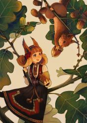 Rule 34 | 1girl, acorn, animal, animal ears, dress, feet out of frame, grey eyes, hair ornament, holding, holding acorn, in tree, leaf, light brown hair, long hair, long sleeves, natsumika, open mouth, original, outdoors, plant, sitting, sitting on branch, solo, squirrel, tree