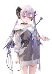 Rule 34 | 1girl, black collar, blush, cardigan vest, collar, cowboy shot, curled horns, demon girl, demon horns, demon wings, highres, horns, jima, lace, lace-trimmed skirt, lace trim, light purple hair, long hair, looking at viewer, miniskirt, neck ribbon, non-web source, open mouth, original, purple eyes, purple ribbon, ribbon, sailor collar, skirt, solo, tachi-e, tail, twintails, very long hair, white skirt, wings