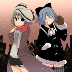 Rule 34 | 2girls, aki (akikaze asparagus), alternate costume, animal ears, blue hair, checkered clothes, checkered legwear, cirno, coat, contemporary, grey hair, grin, hat, mittens, multiple girls, nazrin, object on head, patterned legwear, perfect cherry blossom, scarf, smile, snow, thighhighs, touhou, trench coat, zettai ryouiki
