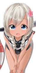 Rule 34 | 10s, 1girl, :o, absurdres, alternate hairstyle, blue eyes, braid, eyebrows, flower, hair flower, hair ornament, highres, kantai collection, lifebuoy, long hair, looking at viewer, open mouth, pentagon (railgun ky1206), platinum blonde hair, ro-500 (kancolle), simple background, solo, swim ring, swimsuit, swimsuit under clothes, tan, tanline, torpedo, twin braids, v arms, white background