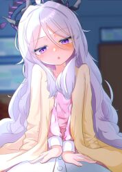 Rule 34 | 1girl, absurdres, ahoge, blue archive, blush, demon horns, highres, hina (blue archive), hina (pajamas) (blue archive), horns, humeiyo, long hair, looking at viewer, open mouth, pajamas, pink pajamas, pink shirt, polka dot, polka dot pajamas, purple eyes, shirt, sidelocks, sitting, sitting on person, very long hair, white hair, white shirt