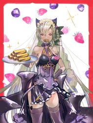 Rule 34 | 1girl, bare shoulders, black dress, border, braid, breasts, choker, commentary request, corset, dark-skinned female, dark skin, dress, feet out of frame, food, fruit, gold bar, granblue fantasy, hair ornament, hand on own hip, head wreath, helel ben shalem, highres, holding, holding tray, long hair, looking at viewer, medium breasts, ori ibu, pacifier, red border, red eyes, solo, sparkle, standing, strawberry, thighhighs, tray, very long hair, white background