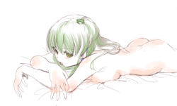 Rule 34 | 1girl, ass, completely nude, female focus, green hair, kochiya sanae, lying, nude, on stomach, solo, tongue, touhou