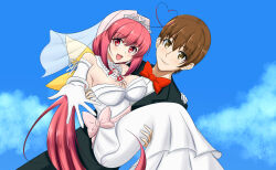Rule 34 | 1boy, 1girl, :d, absurdres, ahoge, bow, bridal veil, bride, brown eyes, brown hair, carrying, chestnut95, dress, elbow gloves, gloves, groom, hair bow, heart, heart ahoge, hetero, highres, husband and wife, kagami sumika, long hair, looking at viewer, low ponytail, muv-luv, open mouth, ponytail, princess carry, red eyes, red hair, shirogane takeru, smile, strapless, strapless dress, tiara, tuxedo, veil, wedding, wedding dress, white dress