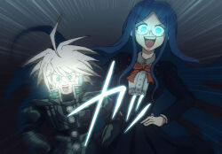 Rule 34 | 1boy, 1girl, :d, ahoge, android, armor, black jacket, black skirt, bow, bowtie, breasts, collared shirt, cowboy shot, danganronpa (series), danganronpa v3: killing harmony, dress shirt, emphasis lines, glasses, glowing, glowing eyes, gradient background, grey hair, hands on own hips, headphones, jacket, k1-b0, large breasts, laughing, looking at viewer, nantoka aida, open clothes, open jacket, open mouth, orange bow, orange bowtie, pleated skirt, power armor, shirogane tsumugi, shirt, skirt, smile, teeth, translation request, upper teeth only, white shirt