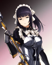 Rule 34 | 1girl, apron, armor, black eyes, black hair, blunt bangs, bow, breastplate, breasts, closed mouth, dress, gloves, gradient background, holding, holding staff, holding weapon, houtengeki, long hair, looking at viewer, maid, maid apron, maid headdress, medium breasts, narberal gamma, overlord (maruyama), ponytail, simple background, solo, staff, standing, weapon, white bow