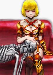Rule 34 | 1boy, 1girl, ainz ooal gown, armor, bare shoulders, blonde hair, breasts, cleavage, clementine (overlord), closed mouth, clothed female nude male, collarbone, commentary request, garter straps, gauntlets, hand on another&#039;s head, highres, kishida shiki, lap pillow, looking at another, lying, nude, overlord (maruyama), pink eyes, short hair, shoulder armor, sitting, skeleton, skull, small breasts, smile, thighhighs, undead