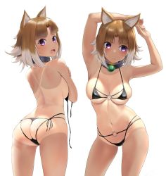 Rule 34 | 1girl, alternate breast size, animal ears, arcana heart, arcana heart 2, ass, back, bikini, black bikini, blush, breasts, brown hair, cleavage, collarbone, commentary request, highres, inuwaka nazuna, large breasts, looking at viewer, looking back, looking to the side, multiple views, navel, open mouth, parted bangs, purple eyes, short hair, sidelocks, skindentation, swimsuit, tan, tanline, thighs, untied, wa (genryusui)