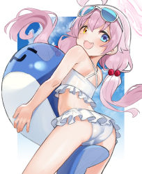 Rule 34 | 1girl, ahoge, ass, between fingers, bikini, blue archive, blue eyes, eyewear on head, fang, from behind, hair bobbles, hair ornament, halo, heterochromia, highres, holding, hoshino (blue archive), hoshino (swimsuit) (blue archive), inflatable toy, inflatable whale, long hair, looking back, miyamae (miyazen9311), hugging object, open mouth, pink hair, smile, solo, sunglasses, swimsuit, thighs, twintails, white bikini, yellow eyes