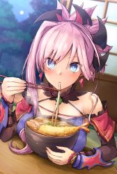 Rule 34 | 1girl, asymmetrical hair, bare shoulders, blue eyes, blue kimono, blush, bowl, breasts, chopsticks, detached collar, detached sleeves, earrings, eating, fate/grand order, fate (series), food, hair ornament, highres, japanese clothes, jewelry, kimono, large breasts, long hair, looking at viewer, magatama, miyamoto musashi (fate), miyamoto musashi (second ascension) (fate), noodles, pink hair, ponytail, ramen, samoore, shouji, sleeveless, sleeveless kimono, sliding doors, solo, swept bangs, tempura