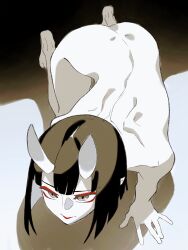 Rule 34 | 1girl, all fours, ashikare, back, black hair, blunt bangs, bob cut, commentary request, completely nude, eyeliner, eyeshadow, fate/grand order, fate (series), full body, grey eyes, hair between eyes, highres, horns, limited palette, makeup, nude, oni, red eyeliner, red eyeshadow, red lips, short hair, shuten douji (fate), sketch, skin-covered horns, solo