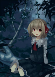 Rule 34 | 1girl, ascot, black dress, blonde hair, dress, fang, forest, hair ribbon, highres, in tree, long sleeves, looking at viewer, nature, night, open mouth, red eyes, ribbon, rumia, sh (shinh), shirt, sitting, sitting in tree, smile, solo, touhou, tree