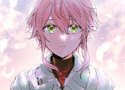 Rule 34 | 1boy, androgynous, black shirt, closed mouth, eichi turnr, ensemble stars!, feathers, green eyes, himemiya tori, jacket, looking at viewer, male focus, pink hair, shirt, short hair, sketch, solo, turtleneck, unhappy, white feathers, white jacket