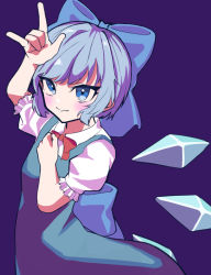 Rule 34 | 1girl, aqua hair, blue background, blue dress, blue eyes, blue ribbon, blush, bow, cirno, collared dress, cowboy shot, dress, fairy, hair bow, hair ribbon, hand gesture, hand on own chest, hand up, highres, ice, ice wings, pixie cut, red ribbon, rerendi, ribbon, short hair, simple background, smile, touhou, wings