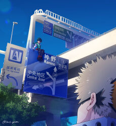 Rule 34 | 2boys, arrow (symbol), atmospheric perspective, bakugou katsuki, belt, belt pouch, black mask, black outline, blonde hair, blue sky, bodysuit, boku no hero academia, closed mouth, cross-laced footwear, curly hair, day, direction board, eye mask, film grain, foot dangle, freckles, from behind, gloves, green bodysuit, green eyes, green hair, hair between eyes, happy, headgear, highres, lens flare, logo, looking at another, looking to the side, looking up, male focus, midoriya izuku, misu (ms.), multiple boys, outline, overpass, perspective, pouch, rectangle, red belt, road sign, romaji text, scratches, shadow, short hair, sign, sky, smile, spiked hair, tree, twitter username, utility belt, utility pole, white gloves, wide shot, x-ray, yuei school logo