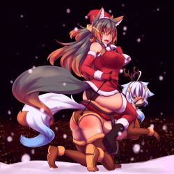 Rule 34 | 2girls, :d, animal costume, animal ears, antlers, ass, bdsm, belt, brown hair, christmas, femdom, garter straps, gradient hair, holding, holding riding crop, horns, intertwined tails, kuromiya, kuromiya raika (kuromiya), multicolored hair, multiple girls, navel, open mouth, original, pet play, pony play, reindeer antlers, reindeer costume, reins, riding, riding crop, santa costume, shiromiya asuka (kuromiya), sitting, sitting on person, smile, spanked, stirrups (riding), tail, thighhighs, two-tone hair, white hair, yellow eyes