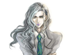 Rule 34 | 10s, 1boy, dkuwui, formal, grey hair, hair ornament, hairclip, lips, long hair, male focus, necktie, pale skin, simple background, solo, suit, tiger &amp; bunny, white background, yuri petrov