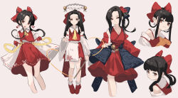 Rule 34 | 1girl, absurdres, adapted costume, alternate costume, alternate hairstyle, apron, ascot, bangs pinned back, bell, black bow, black hair, bobby socks, bow, breasts, brown eyes, cleavage, clynxen, collarbone, collared shirt, detached sleeves, dress, earrings, gohei, hakurei reimu, highres, jewelry, jingle bell, long hair, medium breasts, multiple views, parted bangs, red bow, red dress, red footwear, red shirt, red skirt, ribbon-trimmed sleeves, ribbon trim, rope, shide, shimenawa, shirt, short hair with long locks, sketch, skirt, skirt set, sleeveless, sleeveless dress, sleeveless shirt, smile, socks, stick, touhou, white sleeves, wide sleeves, yellow ascot