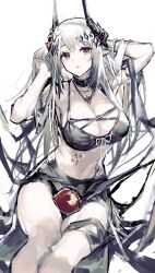 Rule 34 | 1girl, apple, arknights, arms up, bikini, bitten apple, black bikini, black choker, black shawl, breasts, choker, cleavage, flower, food, food bite, fruit, hair flower, hair flowing over, hair ornament, highres, horns, infection monitor (arknights), jewelry, large breasts, long hair, looking at viewer, material growth, mudrock (arknights), mudrock (silent night) (arknights), navel, necklace, oripathy lesion (arknights), parted lips, pointy ears, red eyes, remsrar, ribbon, shawl, sitting, solo, swimsuit, very long hair, white background, white hair, white ribbon