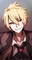 Rule 34 | 1boy, absurdres, ascot, bad id, bad twitter id, black ascot, blonde hair, brooch, brown jacket, brown vest, collarbone, collared shirt, commentary request, evil grin, evil smile, fate/prototype, fate/prototype: fragments of blue and silver, fate (series), grin, hair between eyes, head tilt, highres, jacket, jekyll and hyde (fate), jewelry, looking at viewer, male focus, open clothes, open vest, protected link, red eyes, sharp teeth, shirt, smile, solo, teeth, v-shaped eyebrows, vest, wada kazu, white shirt