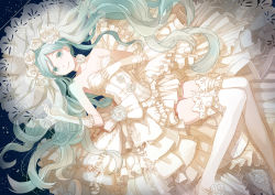 Rule 34 | 1girl, bare shoulders, braid, choker, dress, elbow gloves, flower, frills, gloves, hatsune miku, long hair, lying, michi (iawei), rose, smile, solo, thighhighs, too many, twintails, very long hair, vocaloid, wedding dress, white flower, white gloves, white rose, white thighhighs, zettai ryouiki