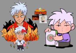 1boy akagi:_yami_ni_oritatta_tensai akagi_shigeru black_pants character_doll chibi closed_mouth commentary elmo_rise_(meme) fire fukumoto_mahjong full_body grey_hair highres jitome looking_at_viewer mahjong mahjong_tile male_focus meme multiple_views pants purple_shirt red_shirt reference_inset sanpaku shirt short_hair simple_background smile sparkle tzk6996 upper_body