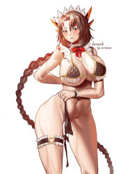 Rule 34 | 10million, 1girl, asymmetrical bangs, bad id, bad pixiv id, bikini, black wyrm (last origin), blush, braid, breasts, cleavage, game, large breasts, last origin, long hair, looking at viewer, navel, simple background, single braid, solo, sweat, swimsuit, thigh strap, undressing, very long hair, white background, wide hips