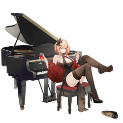 Rule 34 | 1girl, absurdres, artist name, azur lane, bare shoulders, black dress, black footwear, breasts, brown eyes, brown thighhighs, chinese commentary, cleavage, cup, dress, drinking glass, evening gown, feather boa, full body, hair ornament, halter dress, halterneck, high heels, highres, instrument, large breasts, looking at viewer, multicolored hair, official alternate costume, orange hair, pelvic curtain, piano, red hair, red wine, roon (azur lane), roon (viridescent lullaby) (azur lane), shoes, short hair, simple background, sleeveless, sleeveless dress, solo, stiletto heels, streaked hair, thighhighs, tight clothes, tight dress, two-tone hair, unworn shoes, white background, wine glass, xnnagu