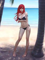 Rule 34 | 1girl, arm tattoo, arm under breasts, bikini, black bikini, breasts, cleavage, closed mouth, commentary, contrapposto, dappled sunlight, day, english commentary, erza scarlet, fairy tail, full body, gohpot, hair over one eye, hand on thigh, large breasts, long hair, looking at viewer, navel, ocean, palm tree, red hair, sand, shadow, side-tie bikini bottom, solo, stomach, strap slip, sunlight, swimsuit, tattoo, tree, water