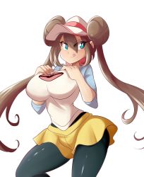 Rule 34 | 1girl, alternate breast size, baseball cap, blue eyes, blush, breasts, brown hair, creatures (company), curvy, game freak, hair ornament, hands on own chest, hat, highres, large breasts, licking lips, long hair, looking at viewer, lucyfer, matching hair/eyes, naughty face, nintendo, poke ball symbol, pokemon, pokemon bw2, rosa (pokemon), shiny clothes, shiny skin, short shorts, shorts, simple background, solo, thighs, tongue, tongue out, upper body, very long hair, white background