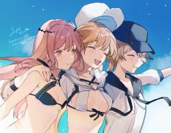 Rule 34 | arm around shoulder, artoria caster (fate), artoria caster (swimsuit) (fate), artoria caster (swimsuit) (first ascension) (fate), artoria pendragon (fate), baseball cap, blonde hair, blue sky, closed eyes, cnoc na riabh (fate), cnoc na riabh (swimsuit foreigner) (fate), commentary request, facing to the side, fate/grand order, fate (series), gareth (fate), gareth (swimsuit saber) (fate), gareth (swimsuit saber) (first ascension) (fate), hair ornament, hat, highres, hood, hood down, hoodie, light blush, medb (fate), multiple girls, open clothes, open mouth, pink eyes, signature, sky, smile, swimsuit, syerii