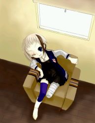 Rule 34 | 1girl, amputee, bandages, bikko, black dress, blue eyes, blue legwear, couch, dress, from above, jacket, jewelry, letterman jacket, multicolored hair, necklace, one-eyed, original, scar, scar across eye, scar on face, short dress, short hair, smile, solo, two-tone hair, window