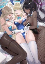 Rule 34 | 3girls, :d, absurdres, animal ears, aqua leotard, ass, asuna (blue archive), asuna (bunny) (blue archive), black hair, black leotard, blonde hair, blue archive, blue eyes, blue leotard, bow, bowtie, breasts, brown pantyhose, cleavage, detached collar, double v, fake animal ears, fishnet pantyhose, fishnets, gloves, halo, high ponytail, highleg, highleg leotard, highres, karin (blue archive), karin (bunny) (blue archive), large breasts, lemoneko, leotard, long hair, looking at viewer, lying, multiple girls, official alternate costume, on back, on side, open mouth, pantyhose, playboy bunny, rabbit ears, rabbit tail, smile, tail, thighhighs, thighs, toki (blue archive), toki (bunny) (blue archive), v, very long hair, white gloves, white thighhighs, yellow eyes