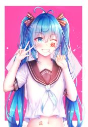 Rule 34 | 1girl, alternate costume, antenna hair, blue eyes, blue hair, blue neckerchief, blush, body writing, bow, brown sailor collar, candy, drawing on another&#039;s face, endsmall min, fingernails, food, food in mouth, grin, hair between eyes, hair bow, hands up, hatsune miku, highres, lollipop, long hair, mouth hold, navel, neckerchief, one eye closed, red bow, sailor collar, school uniform, serafuku, shirt, short sleeves, smile, solo, striped, striped bow, tally, translation request, twintails, upper body, v, very long hair, vocaloid, white shirt