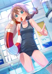 Rule 34 | 1girl, absurdres, aqua eyes, armpits, baba konomi, bare shoulders, blue one-piece swimsuit, blush, breasts, brown hair, collarbone, from below, gluteal fold, hair ornament, hair scrunchie, highres, idolmaster, idolmaster million live!, indoors, joey koguma, lifebuoy, long hair, looking at viewer, looking back, looking down, one-piece swimsuit, pointing, pointing at viewer, pool, school swimsuit, scrunchie, small breasts, solo, standing, swim ring, swimsuit, tareme, two side up, v-shaped eyebrows, wading, water, water drop, wet, whistle, whistling, white headwear