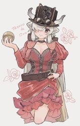 Rule 34 | 1girl, alternate costume, belt, blush, bow, brown belt, brown bow, brown choker, brown dress, brown eyes, choker, cowboy shot, dress, eyewear on head, frilled dress, frills, gear hat ornament, hair bow, hair over one eye, hand on own hip, hat, highres, juliet sleeves, kemono friends, long hair, long sleeves, looking at viewer, ox ears, ox girl, ox horns, ox tail, puffy sleeves, red dress, shimazoenohibi, sidelocks, smile, solo, steampunk, top hat, twintails, two-tone dress, white hair, yak (kemono friends)