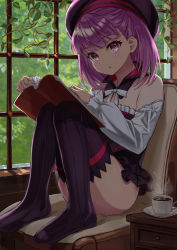 Rule 34 | 1girl, absurdres, bad id, bad pixiv id, bare shoulders, beret, black thighhighs, blush, book, breasts, coffee, cup, detached collar, detached sleeves, dress, fate/grand order, fate (series), frozen yakan, hat, helena blavatsky (fate), highres, leaf, looking at viewer, open book, open mouth, purple eyes, purple hair, short dress, short hair, sitting, small breasts, solo, strapless, strapless dress, thighhighs, white sleeves, window