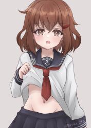 Rule 34 | 1girl, anchor symbol, black sailor collar, black skirt, brown eyes, brown hair, clothes lift, commentary request, fang, grey background, groin, hair ornament, hairclip, highres, ikazuchi (kancolle), kantai collection, lifted by self, navel, neckerchief, one-hour drawing challenge, pleated skirt, red neckerchief, ryouki (ryoki 215), sailor collar, school uniform, serafuku, shirt lift, short hair, simple background, skirt, solo, twitter username