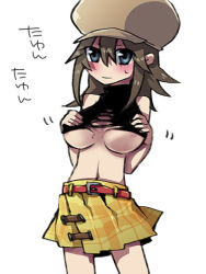 Rule 34 | 1girl, artist request, belt, blue eyes, breasts, brown hair, haruka (saru getchu), hat, large breasts, lowres, red belt, saru getchu, skirt, solo, tagme, text focus, torn clothes, translation request, underboob