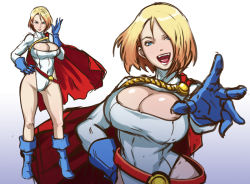 Rule 34 | 1girl, animification, belt, belt skirt, blonde hair, blue eyes, blue footwear, blue gloves, boots, breasts, butcha-u, cape, cleavage, cleavage cutout, clothing cutout, crop top, dc comics, female focus, gloves, hand on own hip, kryptonian, large breasts, leotard, lips, open mouth, power girl, red cape, shoes, short hair, smile, solo, superman (series)