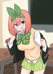 Rule 34 | 1girl, :d, black jacket, blazer, blue eyes, blurry, blurry background, blush, bow, breasts, collared shirt, depth of field, desk, eyebrows hidden by hair, go-toubun no hanayome, green bow, green ribbon, green skirt, hair between eyes, hair ribbon, highres, indoors, jacket, kujou karasuma, leaning forward, looking at viewer, medium breasts, nakano yotsuba, open clothes, open jacket, open mouth, pleated skirt, ribbon, school desk, shirt, skirt, smile, solo, standing, sweater vest, teeth, upper teeth only, white shirt