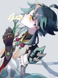 Rule 34 | 1boy, ahoge, aqua hair, artist name, bead necklace, beads, black gloves, blue cape, cape, commentary request, detached sleeves, dutch angle, eating flower, flower, genshin impact, gloves, gold trim, green hair, grey background, hand up, highres, holding, holding flower, jewelry, long sleeves, male focus, multicolored hair, necklace, parted bangs, qingxin flower, shirt, short hair, shoulder spikes, sidelocks, signature, simple background, single detached sleeve, sleeveless, sleeveless shirt, solo, spikes, streaked hair, tassel, upper body, vision (genshin impact), white flower, white shirt, wide sleeves, xiao (genshin impact), yellow eyes, yumoto (ncosmanthus)
