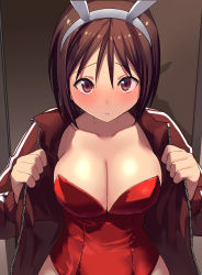 Rule 34 | 1girl, animal ears, blush, breasts, brown eyes, brown hair, brown jacket, cleavage, collarbone, fake animal ears, hairband, headband, highres, jacket, kantai collection, large breasts, leotard, looking at viewer, masukuza j, natori (kancolle), open clothes, open jacket, parted lips, playboy bunny, rabbit ears, red leotard, shadow, short hair, solo, track jacket, white hairband, zipper