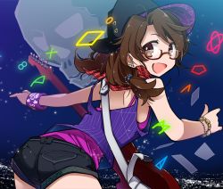 Rule 34 | 1girl, album cover, ass, bracelet, brown eyes, brown hair, casual, cover, electric guitar, fedora, glasses, guitar, hat, instrument, inuinui, jewelry, looking back, red-framed eyewear, shorts, solo, touhou, usami sumireko