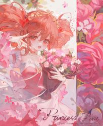 Rule 34 | 1girl, :d, bare shoulders, bouquet, bow, choker, collarbone, curly hair, detached sleeves, dress, floral background, flower, fushigiboshi no futago hime, gloves, hair ornament, hand in own hair, heart, heart hair ornament, highres, holding, holding bouquet, long dress, long hair, looking at viewer, maccha (mochancc), nail polish, open mouth, pink flower, pink nails, plant, princess, red dress, red hair, single glove, sleeveless, sleeveless dress, smile, solo, standing, tiara, v, white background, white gloves, yellow choker