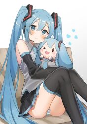 Rule 34 | 1girl, :t, ;d, absurdres, bare shoulders, black thighhighs, blue eyes, blue hair, blue necktie, blush, character doll, closed mouth, detached sleeves, hair ornament, hatsune miku, heart, highres, hugging doll, hugging object, looking at viewer, meruko-san, microphone, multiple girls, necktie, one eye closed, open mouth, panties, sitting, sleeveless, smile, solo, striped clothes, striped panties, thighhighs, twintails, underwear, vocaloid